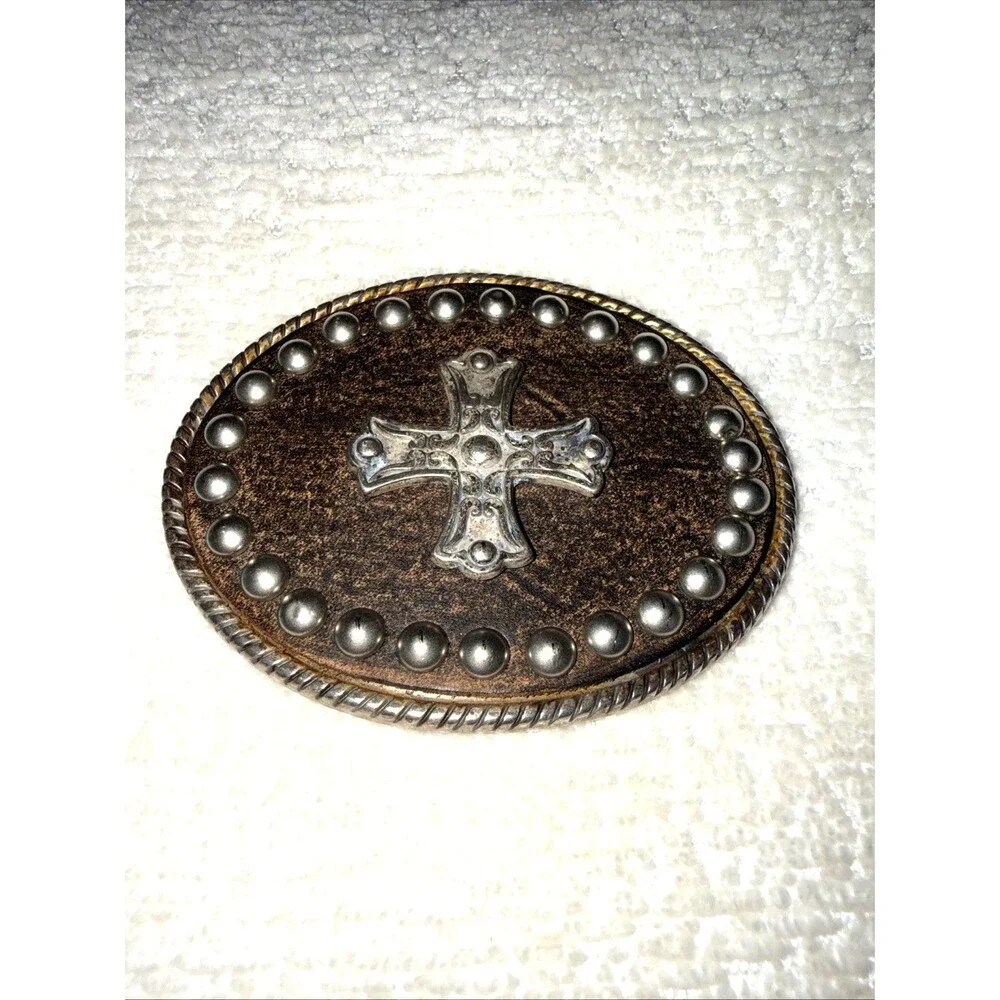 Western Cross Leather Belt Buckle Studded Engraved Oval Made In Spain 2.7 in